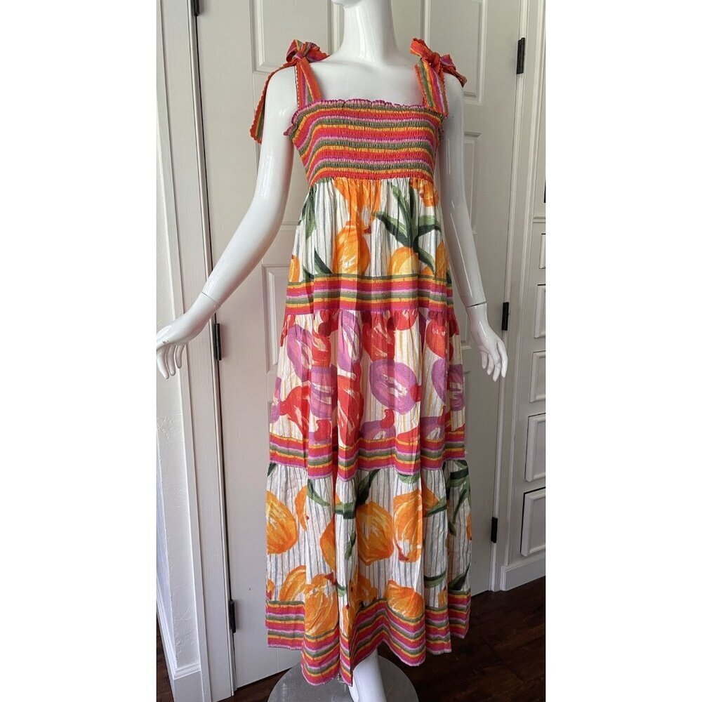 House Of Harlow 1960 Revolve Tropical Fruit Colorful Smocked Tiered Maxi Dress L - Picture 2 of 13